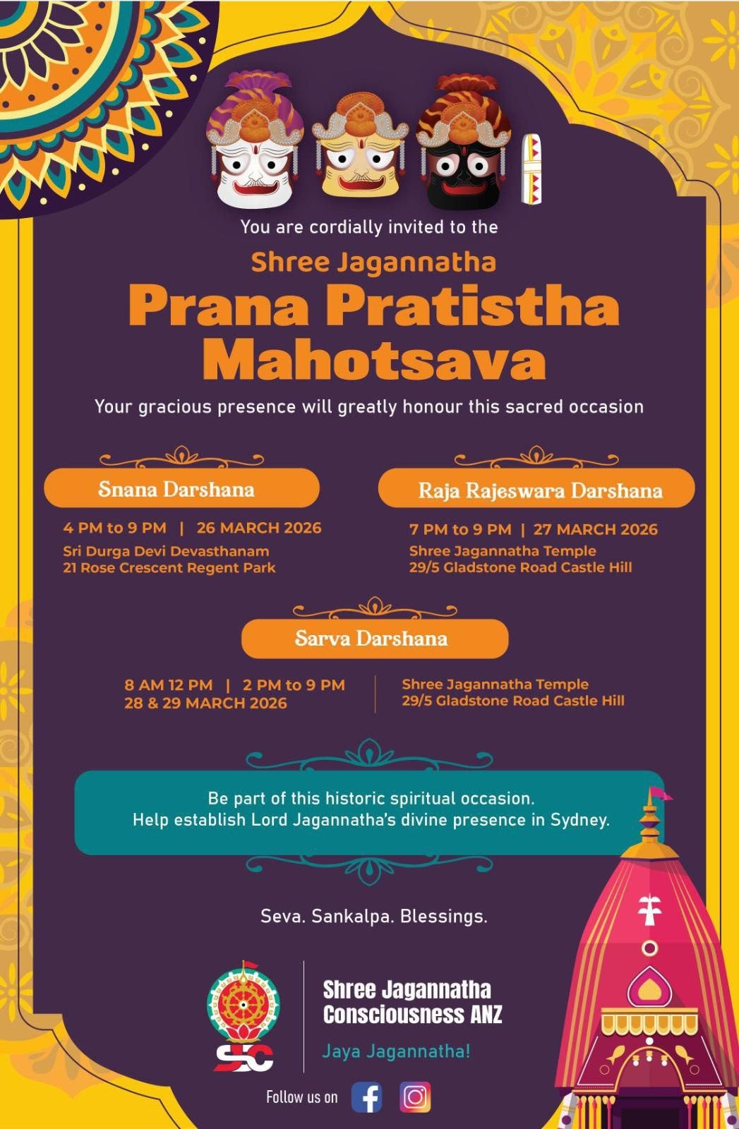 Prana Pratistha of Shree Jagannatha, Sydney - 26 - 29 Mar