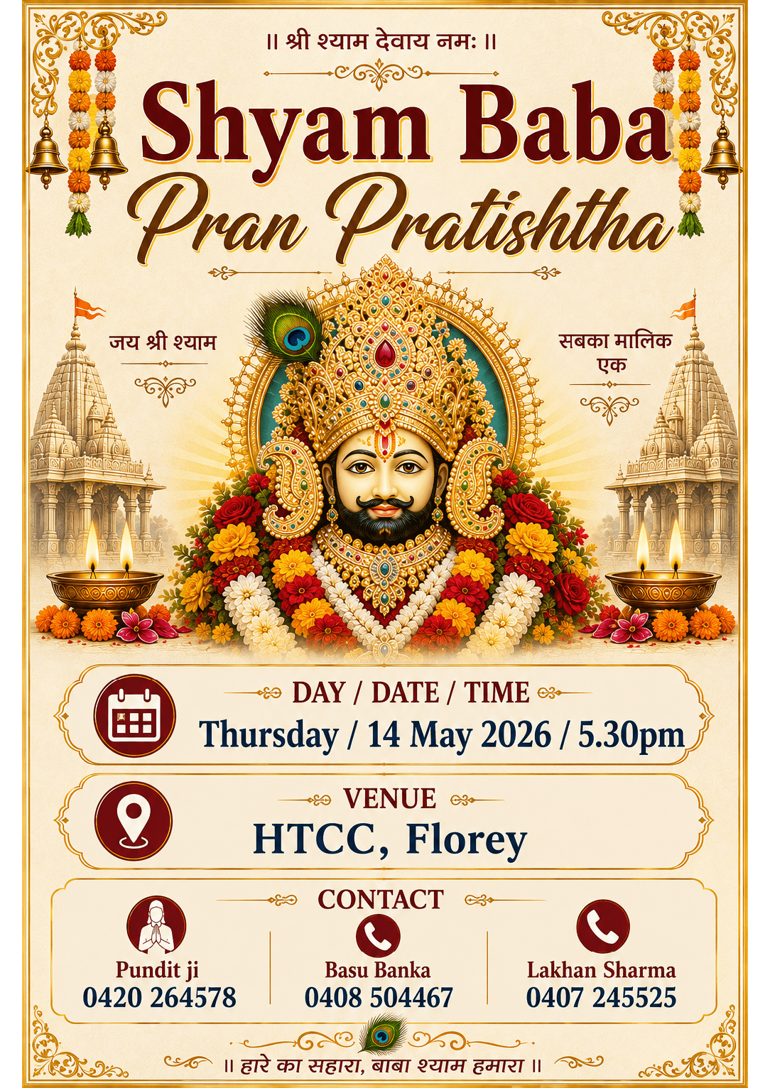 Shyam Baba Pran Pratishtha ceremony on Thursday, 14 May