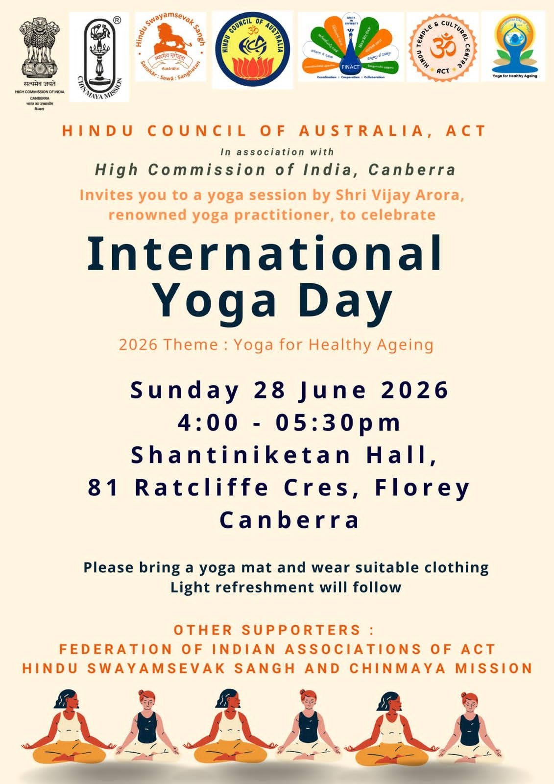 Sun 28 June 4.00 pm - 5.30 pm Yoga Day Celebration