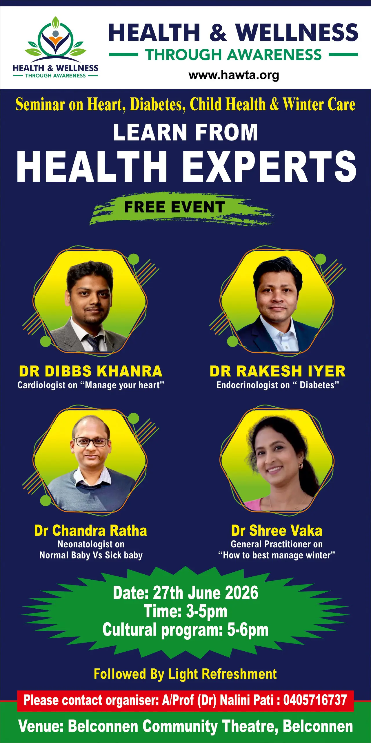 Learn from Health Experts - 27th June 3 - 5 pm, Belconnen Community Theatre
