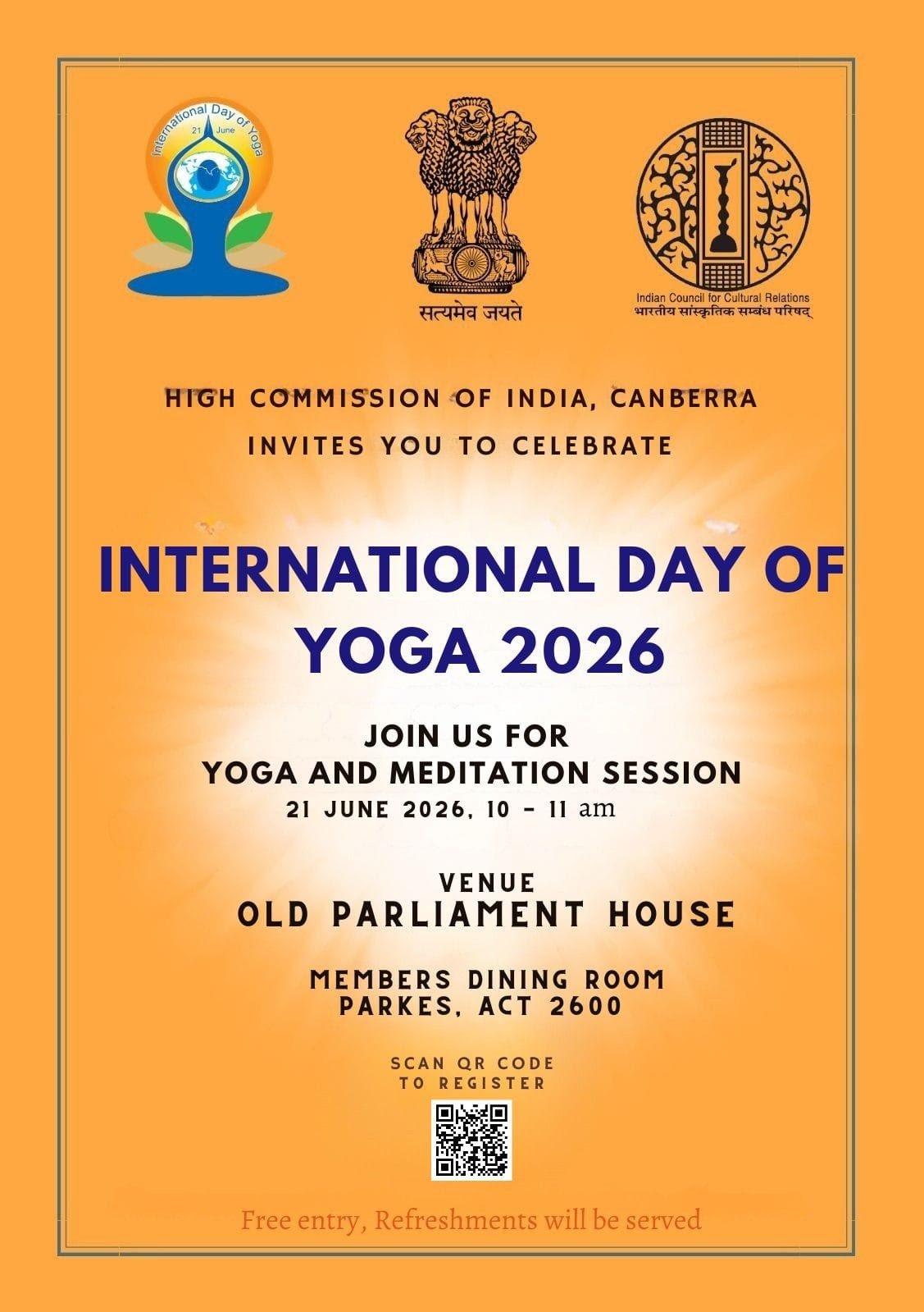 International Day of Yoga 2026 - 21 June 10 - 11 am Old Parliament House