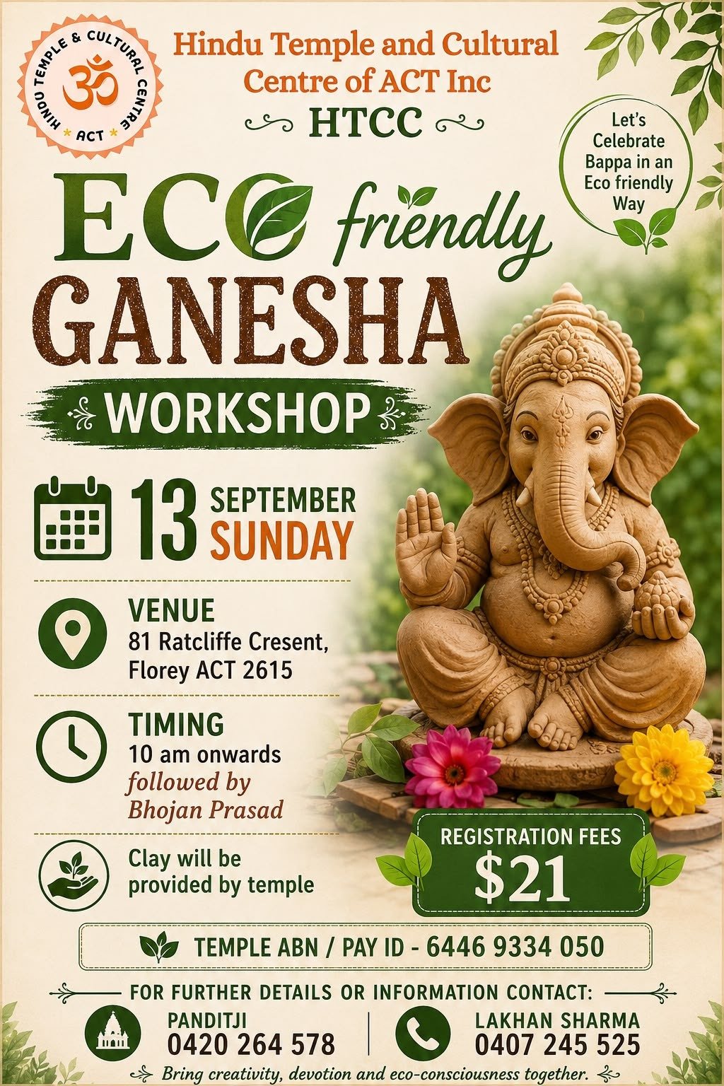 Ecofriendly Ganesh Workship - Sun 13 Sept 10am & Bhojan Prasad
